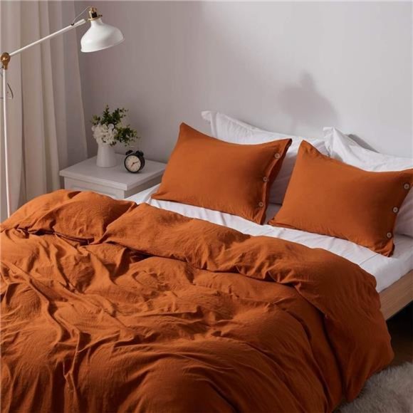 Home Queen Size Duvet Cover Set with Buttons Closure Umber, 3 Pieces Solid Color - Picture 2 of 6